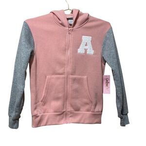 Girls Pink Varsity Zip Up Hoodie Pink Grey Chenille Patch Letter A Size 14 NWT
